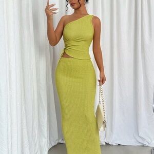 SHEIN Lime One-Shoulder Ribbed Cutout Maxi Dress